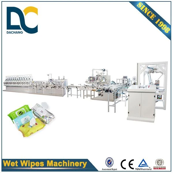 DCW-2700L+KGT-340B+DCL-50 Complete Set 30-120pcs Wet Tissue Packing Machine  with Robot Plastic Lid Applicator Machine
